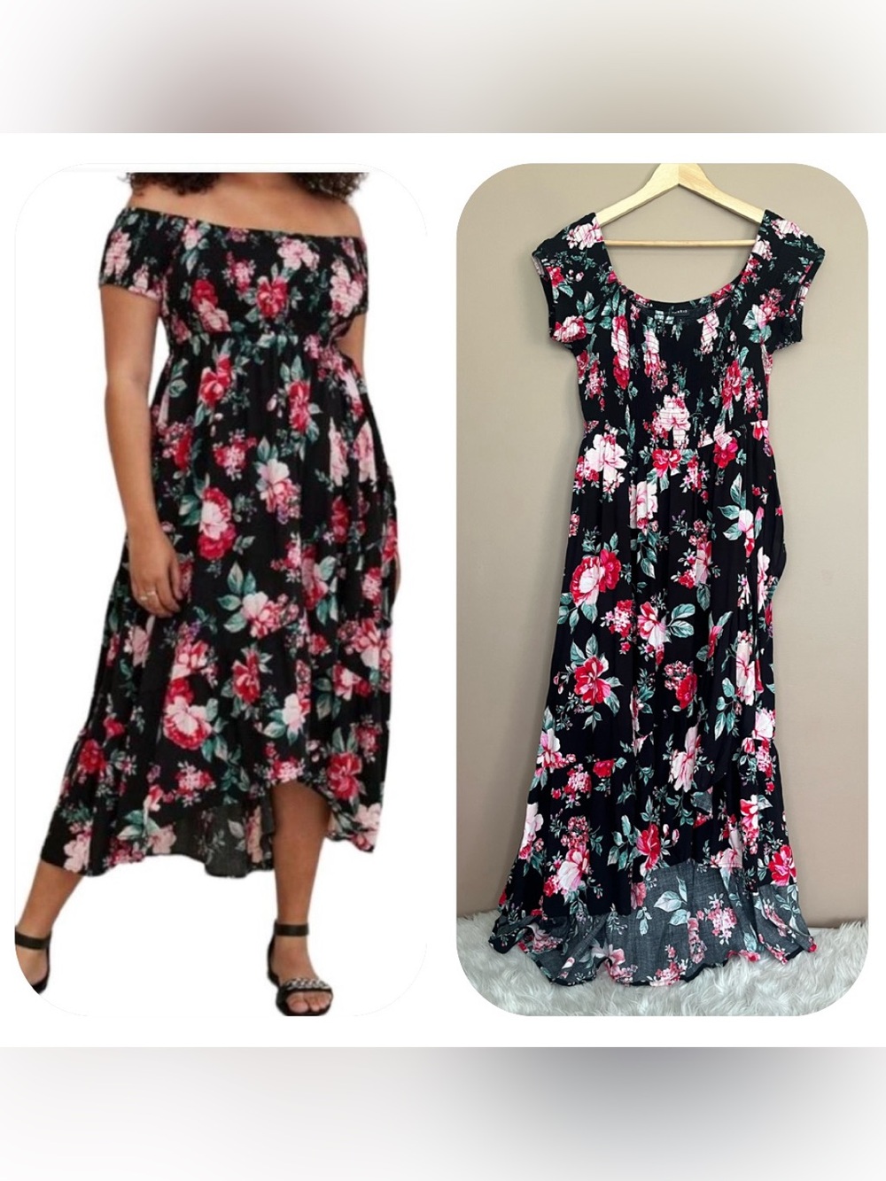 {Torrid} Challis Off The Shoulder Floral Print Hi-Low Midi or Maxi Dress - 1X